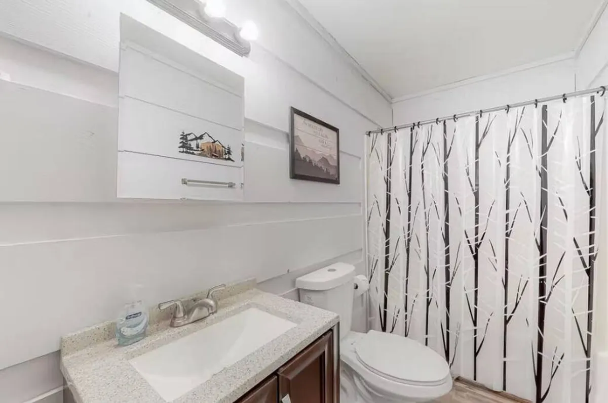 A sparkling, fresh bathroom featuring a vanity with countertop, decorative mirror, toilet, and a shower curtain adorned with a tree design. The ambiance is calming and clean, ideal for daily routines and unwinding after outdoor adventures.
